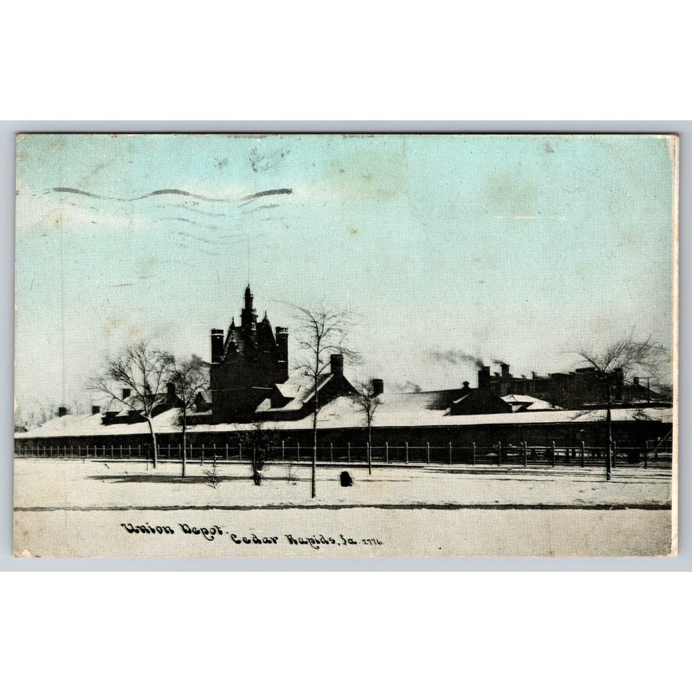 1910 Union Depot Cedar Rapids Iowa Winter Postcard Gayia Post Card Co.